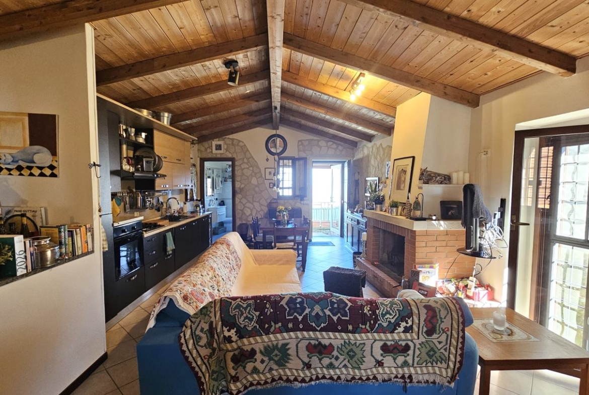 Soggiorno con angolo cottura e camino